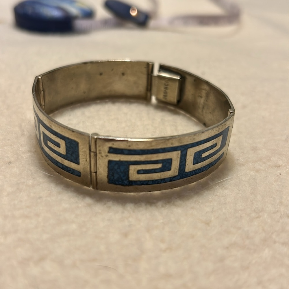 Vintage Mexico  Alpaca Silver Turquoise Mosaic Inlay Bangle Bracelt